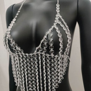 Halter crystal tassels beaded hollow out cut out top