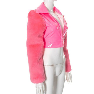 Zip-up long sleeve fluffy turnover collar crop top