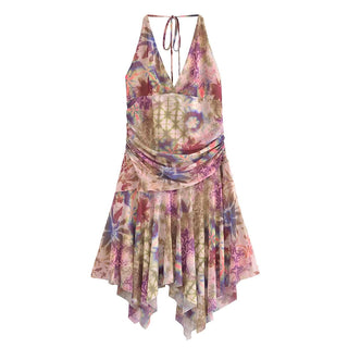 Halter self tie ruched print mesh v neck mini dress