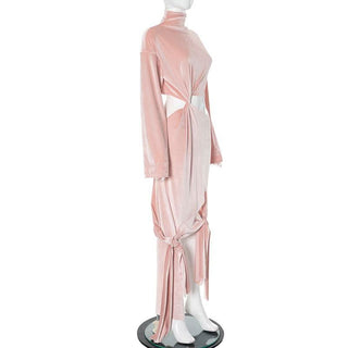 High neck long sleeve velvet hollow out knotted cut out midi dress