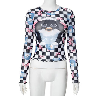 Long sleeve plaid print sheer mesh top