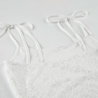 Lace u neck flower applique self tie cami mini dress