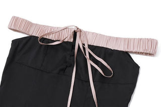 Off shoulder self tie flower applique zip-up button mini skirt set