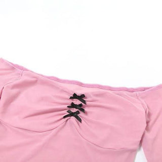 Bowknot long flared sleeve off shoulder mesh ruched top