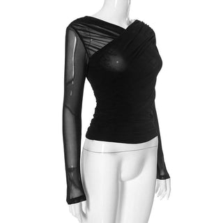 Ruched mesh long sleeve v neck solid top