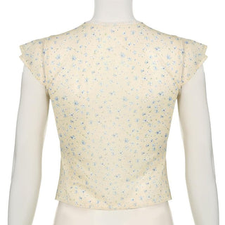 Cap sleeve v neck print bowknot lace hem top
