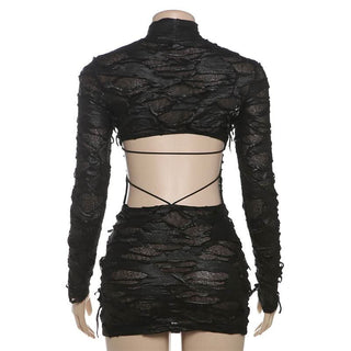 Long sleeve high neck see through hollow out cut out mini dress