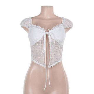 Ruffle v neck lace cap sleeve self tie crop top