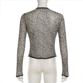 Leopard print long sleeve mesh crop top