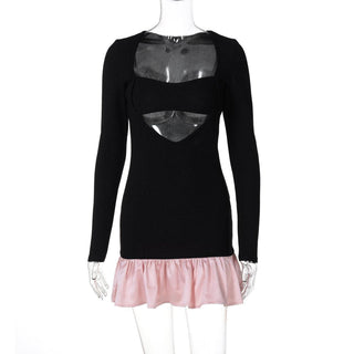 Long sleeve ribbed hollow out cut out mini dress