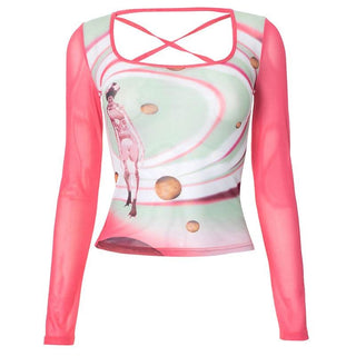 Square neck long sleeve cross back self tie print top