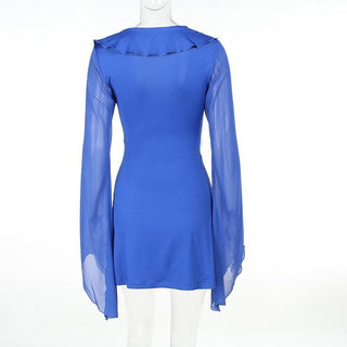 Ruffle long flared sleeve self tie chiffon solid mini dress
