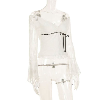 Long sleeve v neck flower lace hem ruffle top