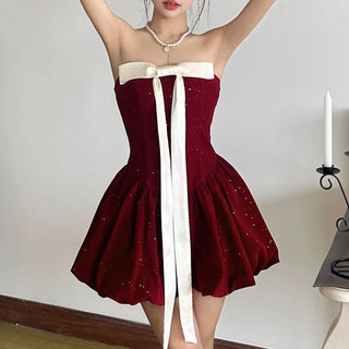 Bowknot smocked ruched backless tube mini dress