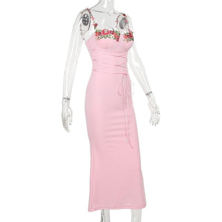 Flower embroidery contrast lace up sleeveless midi dress