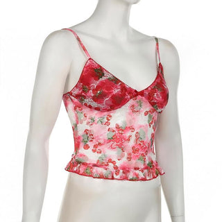V neck flower print lace see through cami top