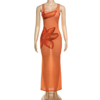 Irregular u neck flower print see through maxi dress