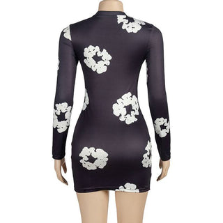 Long sleeve crewneck flower print mini dress
