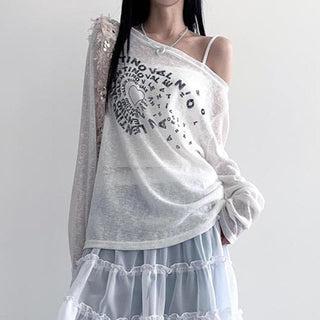 Long sleeve off shoulder letter print top
