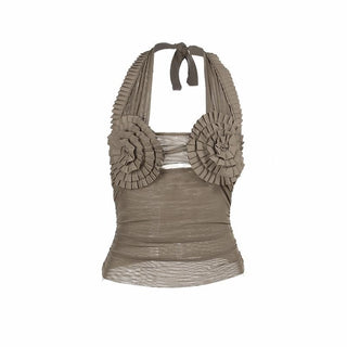 Halter pleated hollow out ruched mesh backless cut out top