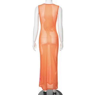 Sleeveless crewneck flower print sheer mesh maxi dress