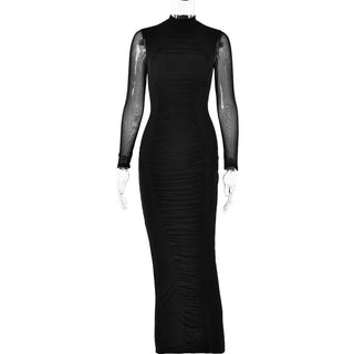 Long sleeve ruched mesh patchwork maxi dress-final-sale