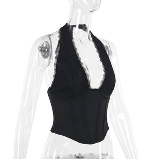 Halter self tie lace hem deep V neck corset top