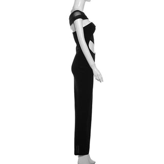 One shoulder irregular hollow out velvet mesh cut out maxi dress