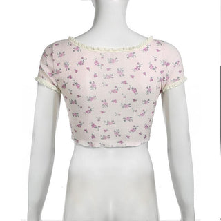 Short sleeve lace hem flower applique print textured crop top