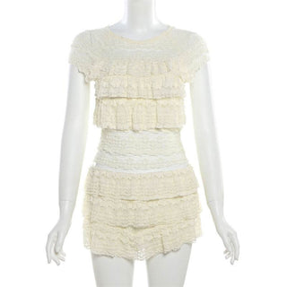 Crewneck ruffle lace ruched cap sleeve pant set