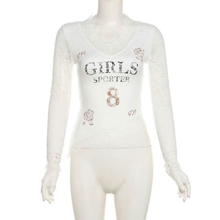 Long sleeve v neck lace print top