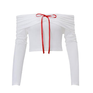 Long sleeve off shoulder bowknot ribbon top