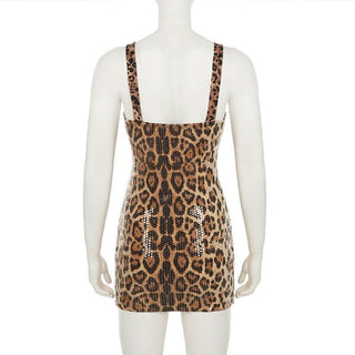 Glitter v neck leopard print backless tank mini dress