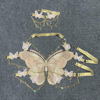 Butterfly embroidery metal chain halter top with choker