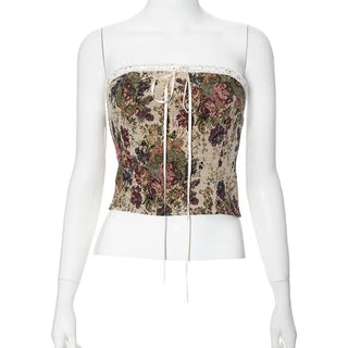 Lace hem bowknot ribbon textured lace up tube top
