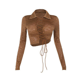 Turnover collar long sleeve lace up lace crop top