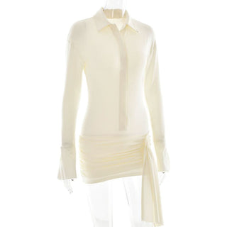 Turnover collar long sleeve button ruched mini dress