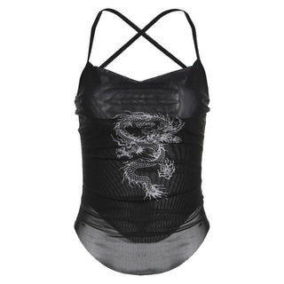 Cross back cowl neck print sheer mesh top