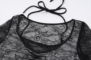 Long sleeve halter lace ruched see through top