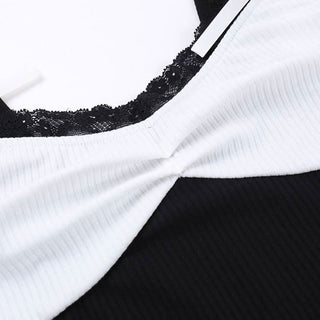 Bowknot v neck lace hem ribbed tank top