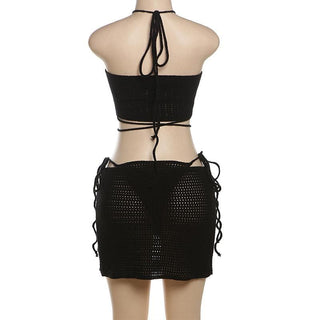 Halter knitted flower applique 3 piece mini skirt set