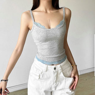 Lace hem u neck patchwork contrast cami top