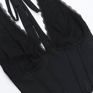 Halter self tie lace hem deep V neck corset top