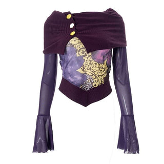 Long flared sleeve irregular mesh patchwork print top