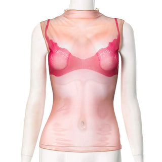 Crewneck sheer mesh print sleeveless contrast top