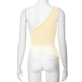 Sleeveless one shoulder ruched ruffle mesh top