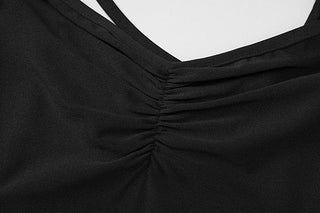 Ruched irregular cross back ruffle cami midi dress
