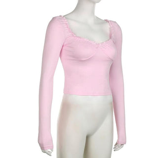 Long sleeve bowknot sweetheart neck ruffle top