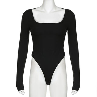 Square neck solid long sleeve backless cross back bodysuit