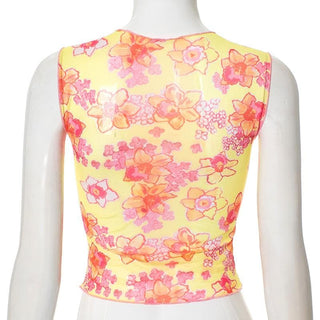 Sleeveless flower print sheer mesh crop top